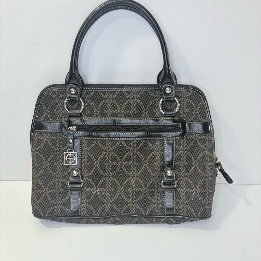 Gaini Bernini Elegant Black and Brown Handbag Satchel Tote Bag Logo Print Preppy